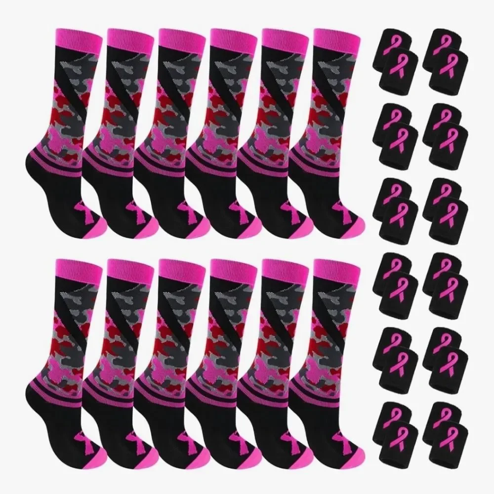 2 Pair Breast Cancer Awareness Pink Ribbon Camo Socks And Wristbands Set - NIP